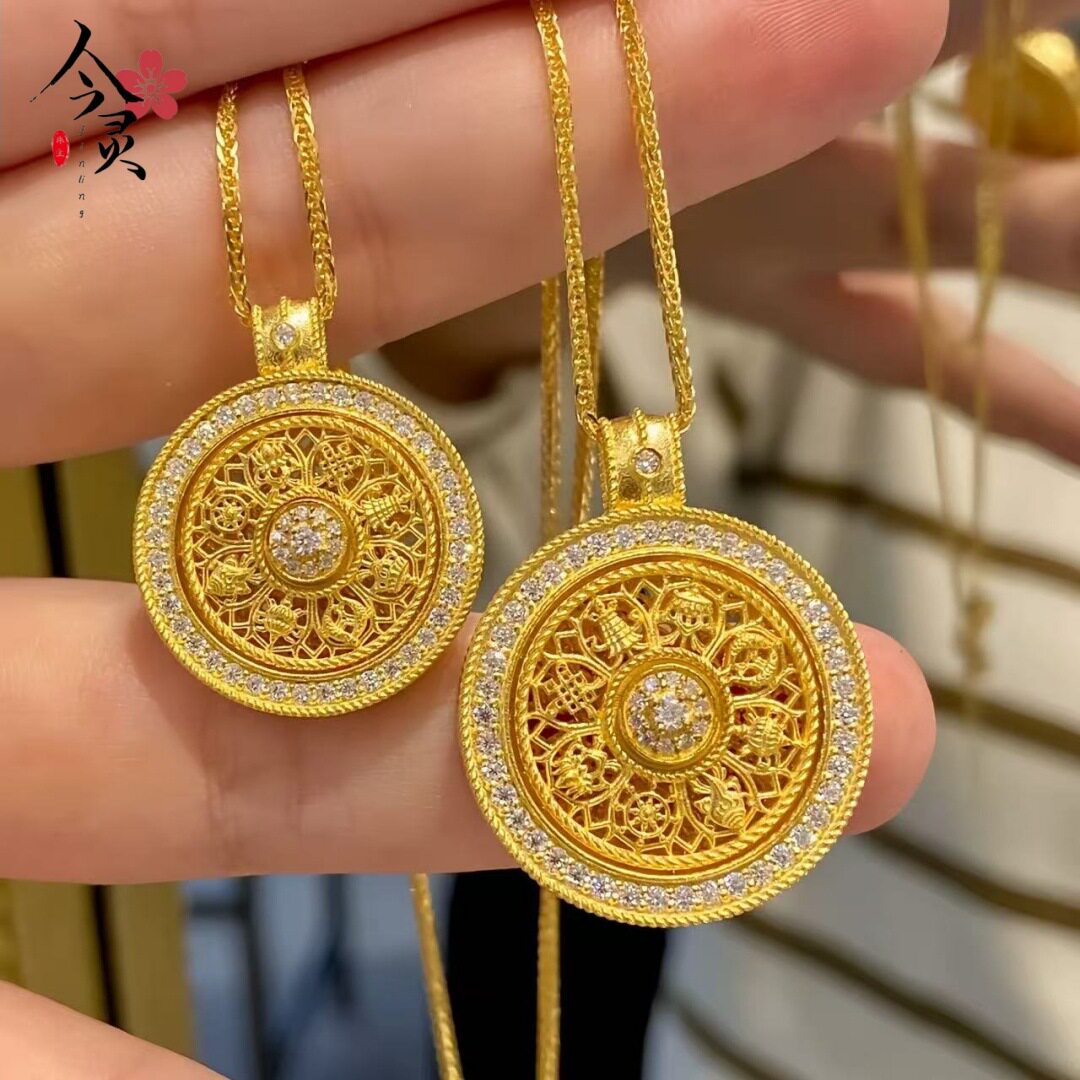 沙金点钻八宝罗盘吊坠项链金店同款镂空可转动圆牌挂坠复古女送礼