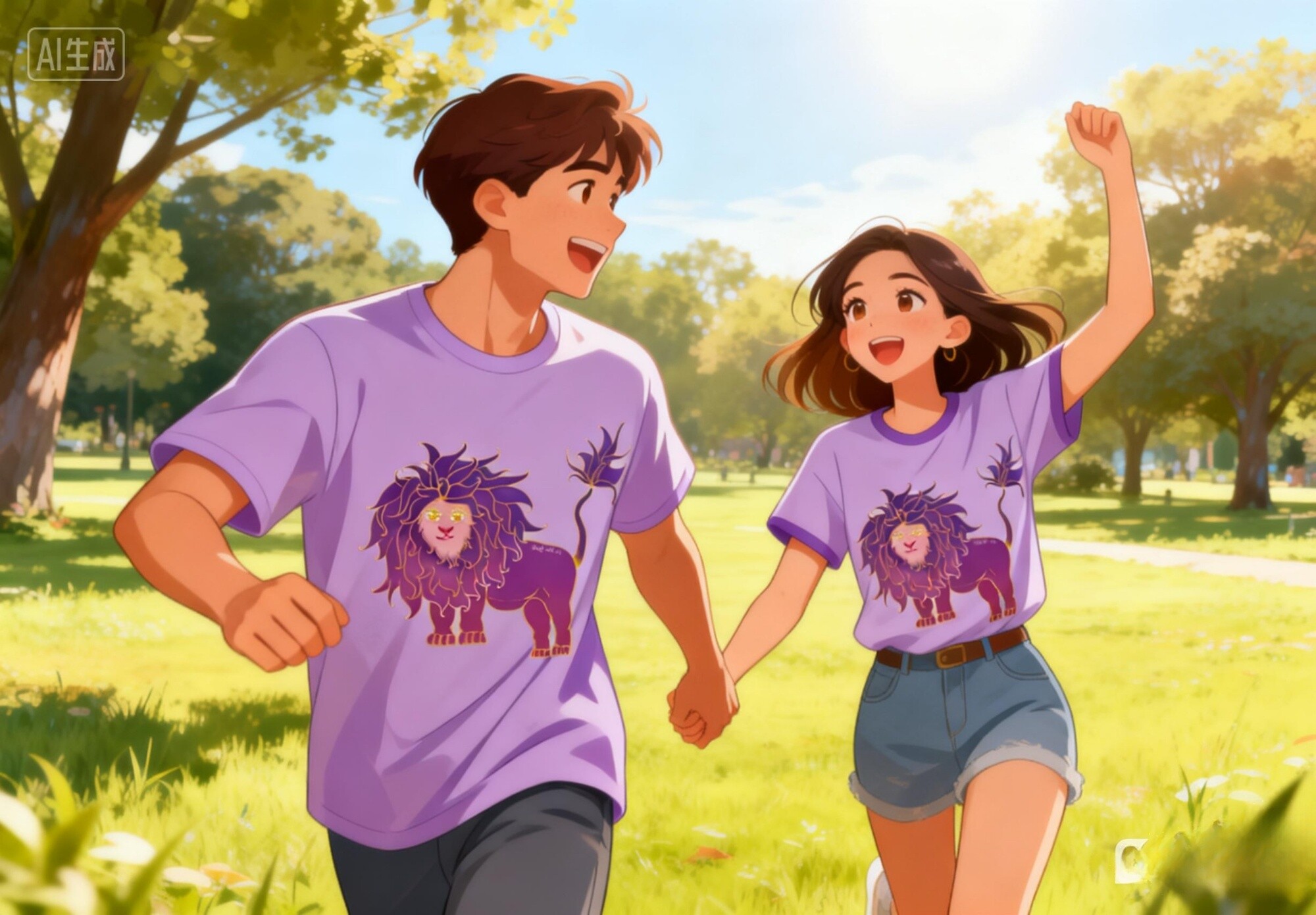 原创板绘画卡通动物狮子情侣装白绿灰亲子母女装紫碎花连衣裙印花
