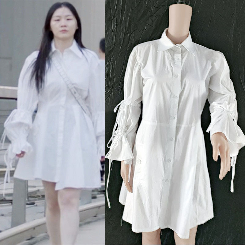 我在他乡挺好的金靖胡晶晶同款衣服女宽松抽绳喇叭袖衬衫连衣裙子