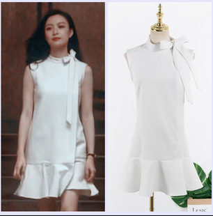 流金岁月倪妮同款连衣裙白色无袖系带蝴蝶结连衣裙短款荷叶边裙子