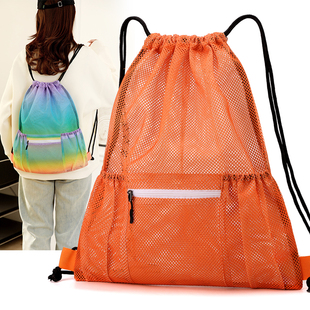 新款足球包旅游运动休闲袋清新网布束口袋大容量双肩包透气篮球包
