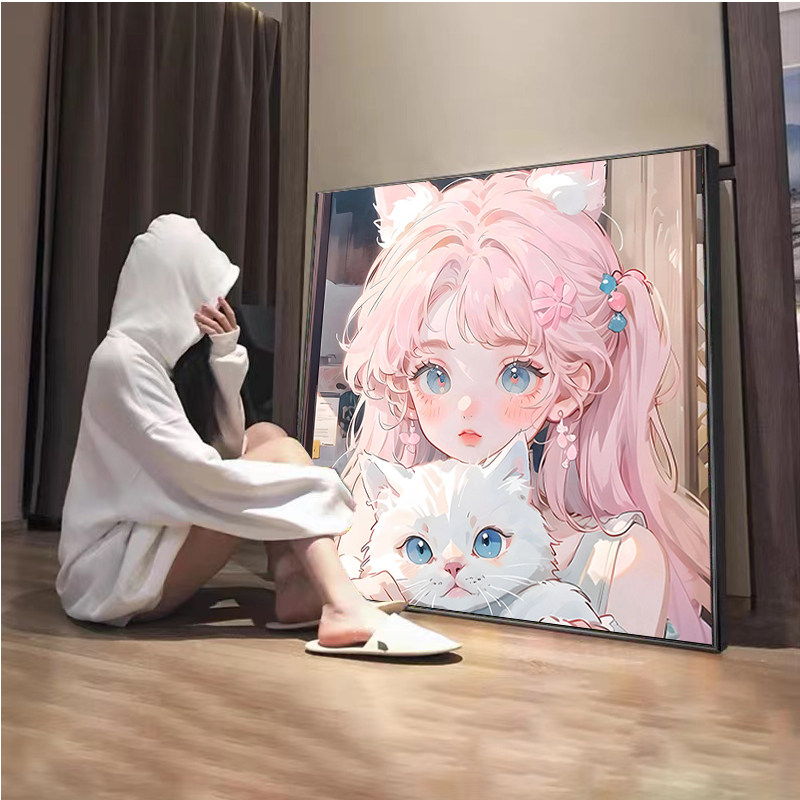 甜美可爱钻石画2026新款客厅猫猫十字绣点钻砖石贴画手工diy带框