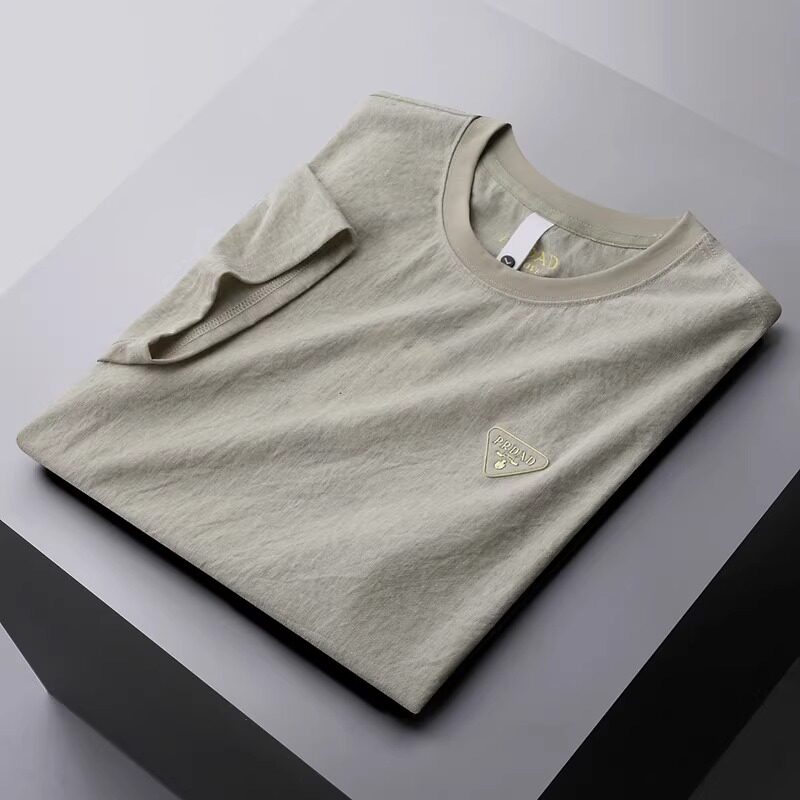 轻奢高端欧货仿麻料冰丝圆领t恤男短袖修身时尚潮流字母半袖男士