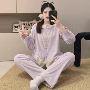 新款甜美蝶梦蓝海岛绒睡衣女秋冬蕾丝圆领家居服甜美大方可外穿