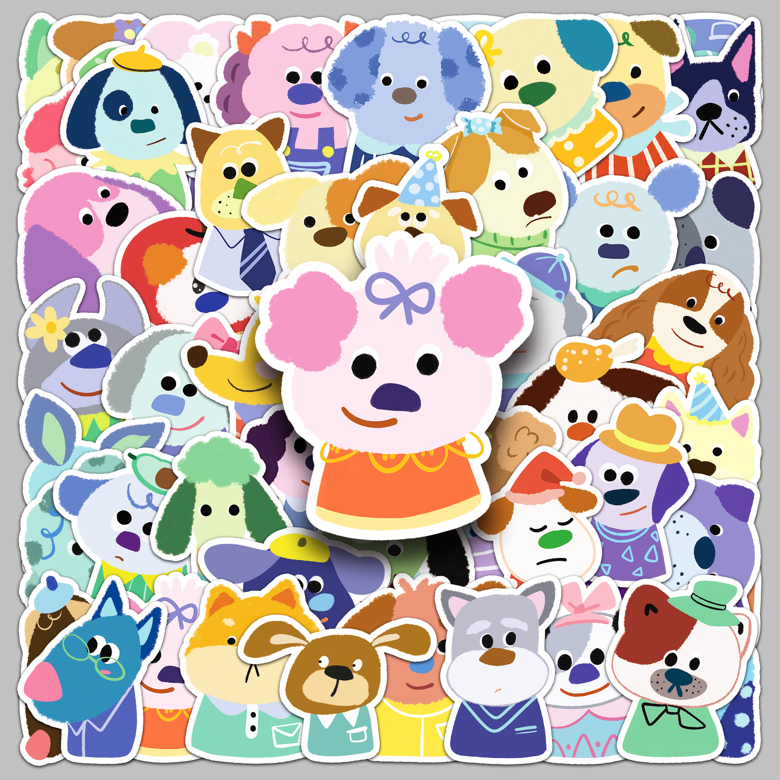 50张创意手绘小狗头像贴画Kawai萌宠动物DIY手账奶茶杯小麻薯贴纸