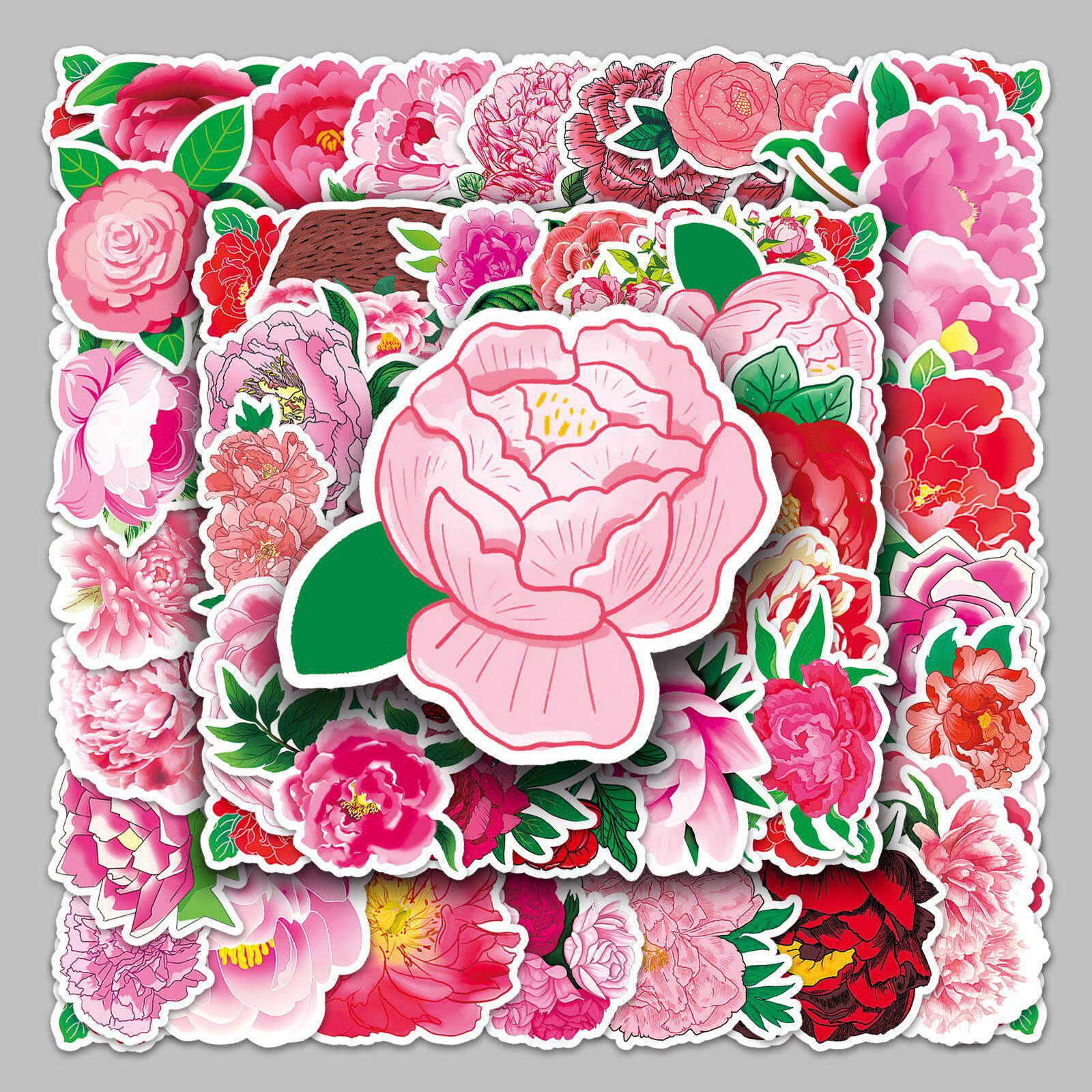 50张牡丹花卡通行李箱贴纸防水涂鸦贴纸滑板车电脑平板鲜花装饰