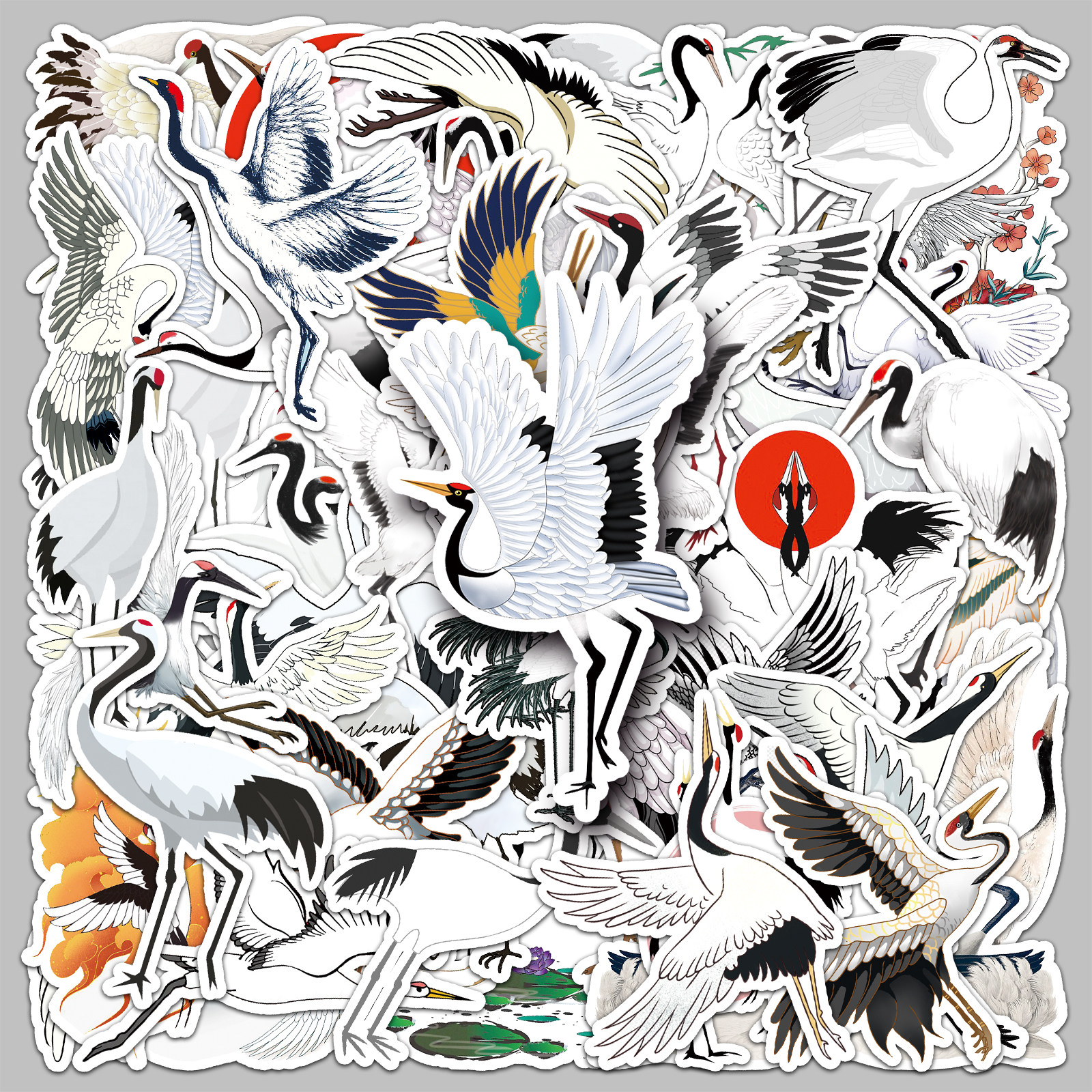 50张仙鹤卡通贴纸丹顶鹤动物可爱涂鸦diy手帐日记本电脑防水装饰