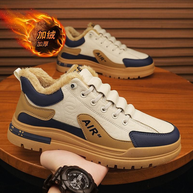 劳保工作男鞋秋季皮面休闲板鞋冬季加绒棉鞋厚底增高阿甘老爹潮鞋