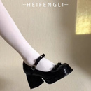 粗跟单鞋 黑色小皮鞋 蝴蝶结圆头玛丽珍一字扣高跟鞋 新款 女2025春季