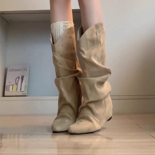 羊皮版~内增高尖头褶皱堆堆靴不过膝长靴女显瘦复古西部靴中筒靴