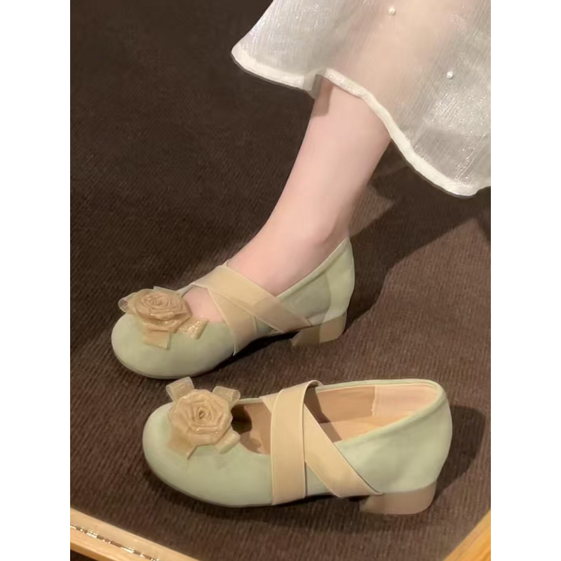 山茶花芭蕾风单鞋女2026年超火的鞋子春新款粗跟交叉带百搭玛丽珍