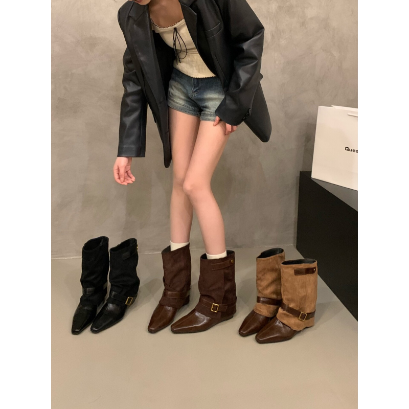 内增高尖头棕色显瘦牛仔短靴女