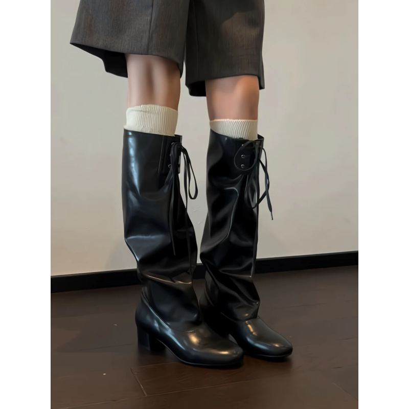 复古系带粗跟长筒骑士靴女