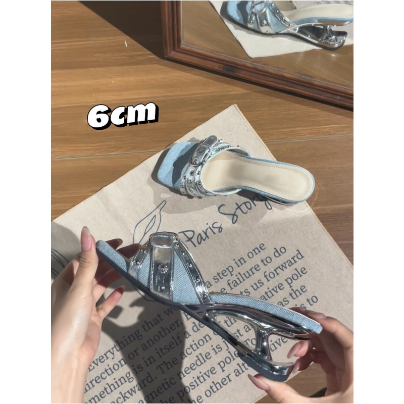 朋克风铆钉一字拖女外穿2026年新款方头悬浮跟皮带扣增高气质拖鞋