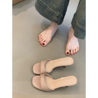 夏季法式方头高跟不累脚一字拖