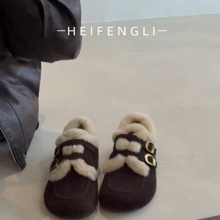 羊皮版~美拉德复古绒面内增高毛毛鞋女圆头双扣袋保暖加绒棉鞋子