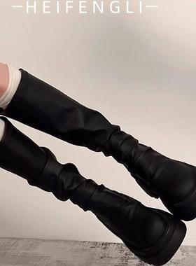 小个子天菜！骑士靴子今年流行高筒不过膝黑色粗跟堆堆长靴瘦瘦靴