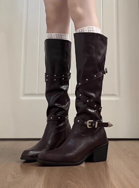 羊皮版~真皮粗跟铆钉皮带扣长筒靴女辣妹骑士靴高筒靴西部牛仔靴