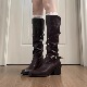 羊皮版 真皮粗跟铆钉皮带扣长筒靴女辣妹骑士靴高筒靴西部牛仔靴
