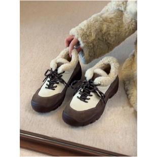 内增高7CM小个子厚底时尚德训鞋女复古系带保暖加绒毛毛休闲单鞋