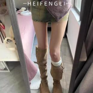绒面两穿翻折厚底不过膝长筒靴子女2025年秋冬季 显瘦骑士靴子 新款