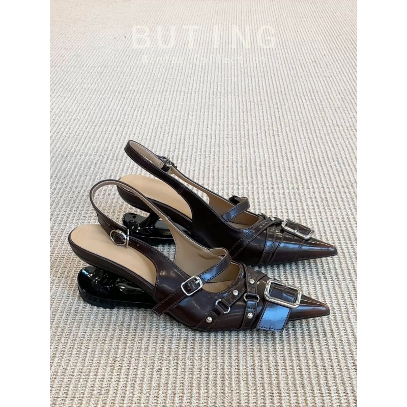 羊皮版~设计感尖头皮带扣高跟鞋凉鞋2026春夏季高级感悬浮跟单鞋