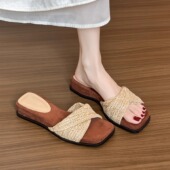 羊皮版 绝美沙滩凉拖 法式 镂空编织厚底一字拖鞋 女夏外穿2025新款