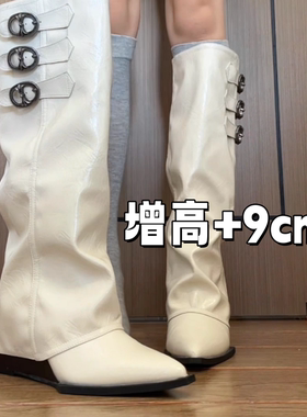 牛皮版~裤管靴2025新款内增高9cm真皮皮带扣长靴高跟靴白色靴子