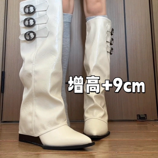 内增高9cm真皮皮带扣长靴高跟靴白色靴子 管靴2025新款 牛皮版 裤