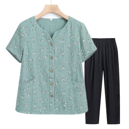 奶奶纯棉短袖衬衫老年人女妈妈夏季棉麻上衣60岁太太老人夏天衣服