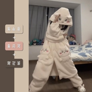 乌萨奇睡袍chiikawa吉伊卡哇睡衣女款冬天可爱卡通珊瑚绒加绒加厚