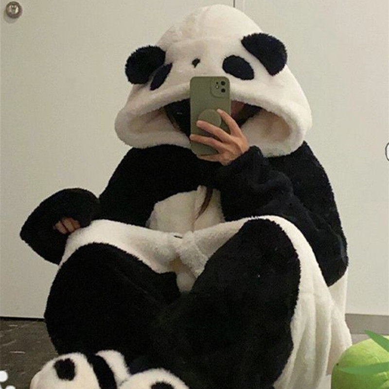 熊猫睡衣女冬季加厚睡袍女珊瑚绒法兰绒秋可爱国宝冬天保暖家居服