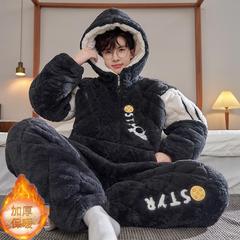宇航员珊瑚绒睡衣男三层夹棉加厚秋冬季冬天可外穿保暖家居服套装