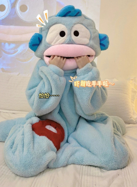 卡通汉顿丑鱼连体睡衣女珊瑚绒加厚保暖秋冬季情侣睡袍长款男搞怪