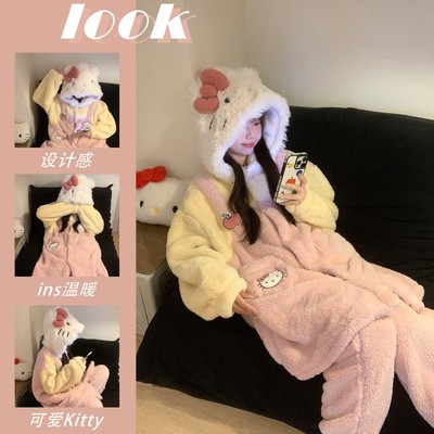 KT猫睡衣女冬季保暖法兰绒可爱hellokitty珊瑚绒家居服凯蒂猫套装