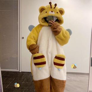 可爱小熊蜂睡衣男女士秋天冬季珊瑚绒加厚加绒卡通睡袍家居服蜜蜂