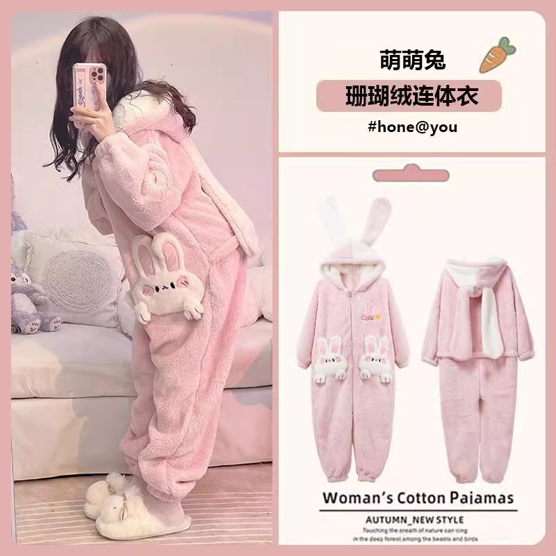 可爱萌萌兔珊瑚绒睡衣女秋冬季小兔子连体睡袍2025新款加厚家居服