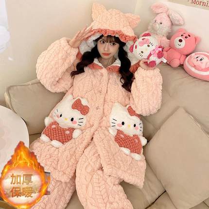 三层夹棉凯蒂猫睡衣女士冬季加绒加厚保暖套装冬天KT猫大码家居服