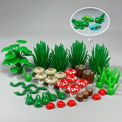MOC小颗粒拼装积木植物灌木丛林蘑菇动物昆虫森林沼泽场景DIY摆件
