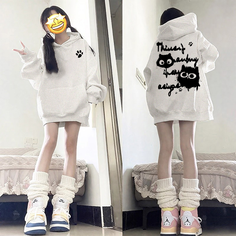 白灰色连帽卫衣女大童秋冬新款初中高中学生爆款美式加绒宽松外套