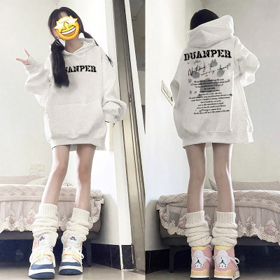 纯棉白色小个子连帽卫衣女大童秋冬季初中高中学生加绒加厚外套潮