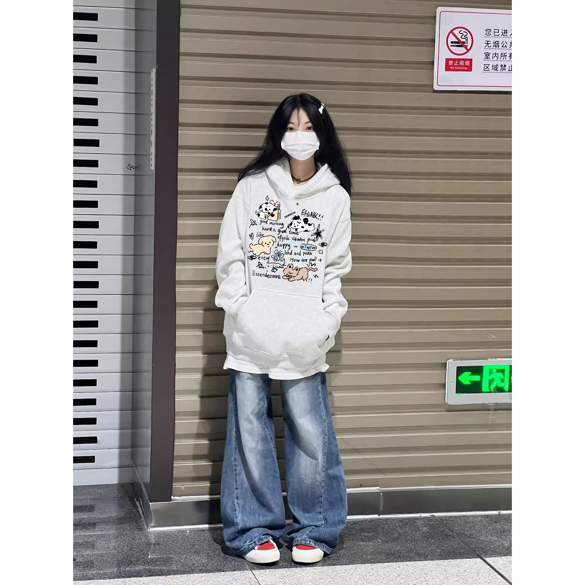 学院风白灰色美式连帽卫衣女加绒秋冬装新款宽松初中高中学生外套