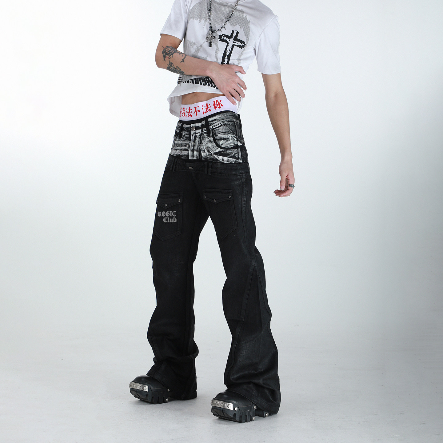Rogic#斜双腰头牛仔裤刷蜡做旧拼接刺绣微喇裤男女亚文化朋克长裤