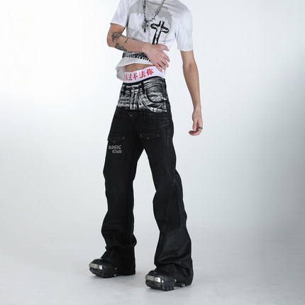 Rogic#双腰头牛仔裤刷蜡拼接黑色直筒宽松裤男女款亚文化朋克长裤