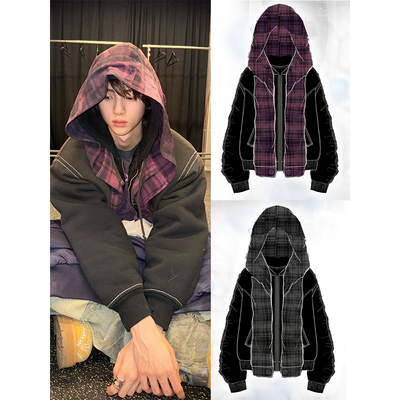 金主训Cortis同款复古春秋格纹拼接拼色连帽工装外套男原创潮牌