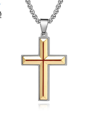 厂家直营新款原创男士八角切面十字架吊坠欧美嘻哈钛钢项链毛衣链