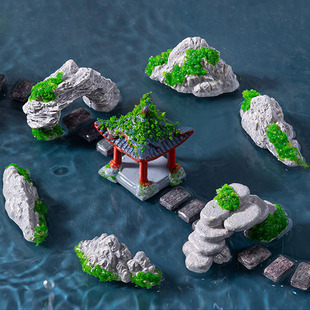 微景观小人创意可爱假山摆件树脂竹排桌面手工造景装饰品石头山峰