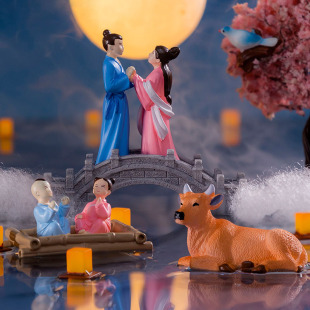 微景观创意七夕节牛郎织女情侣摆件可爱桌面装饰树脂小人小鸟小桥