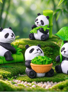 可爱树脂小熊猫摆件微景观手工造景创意小动物小车蛋糕装饰摆设