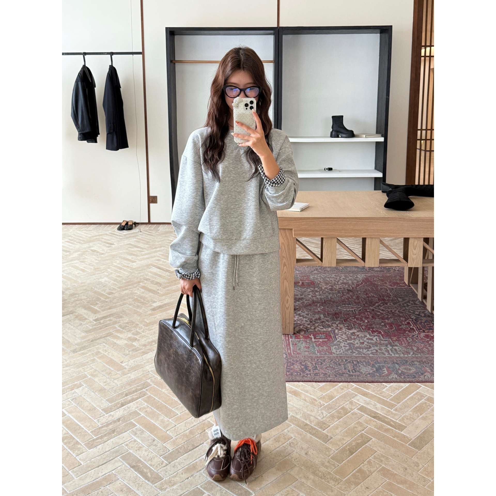 ootd韩系穿搭一整套初早秋季新款女装假两件卫衣半身长裙两件套装